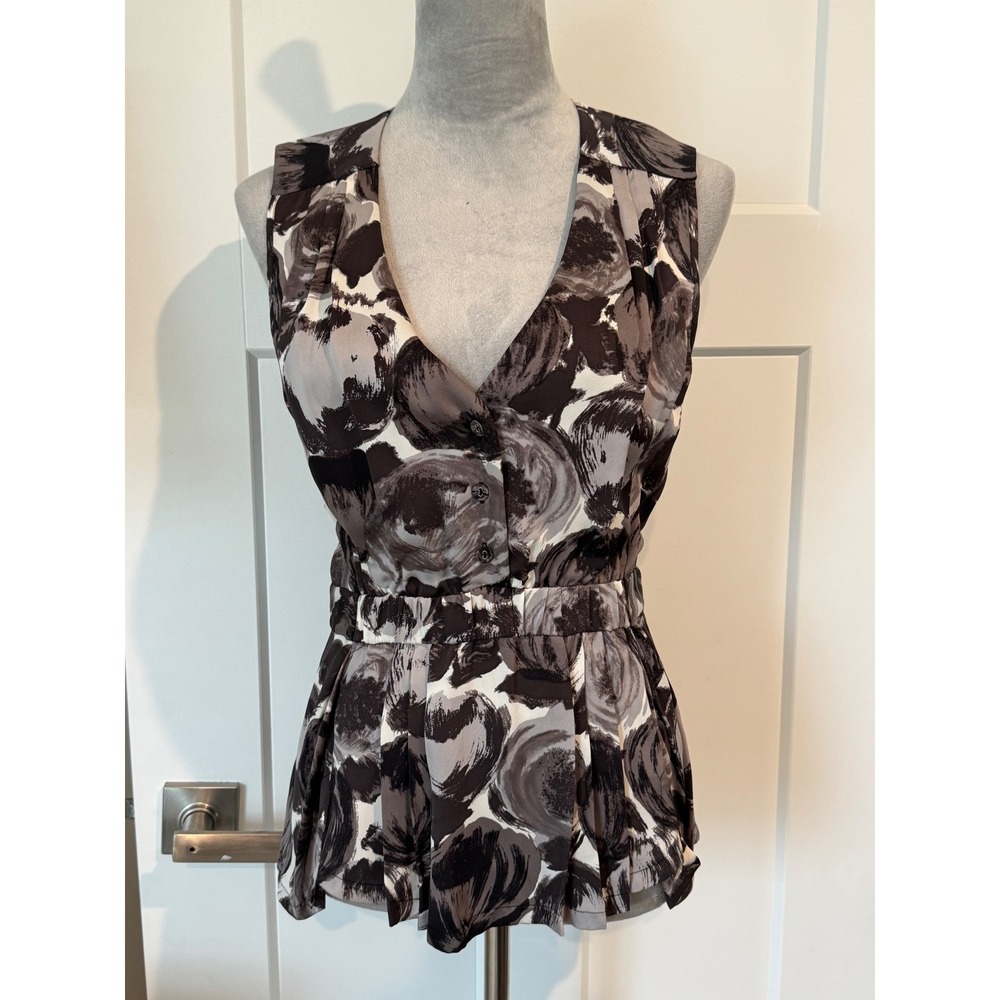 BCBGMAXAZRIA Sophisticated Black Grey Abstract Silk Peplum Sleeveless Top